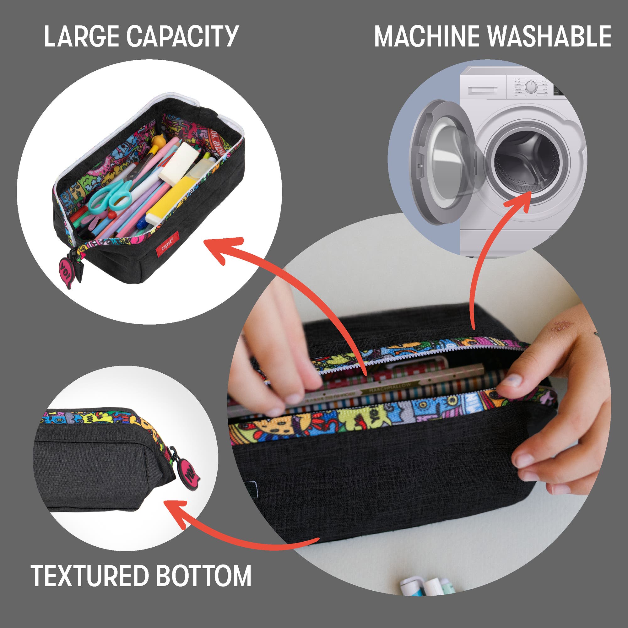 ZIPIT Lenny Pencil Case, Black & Doodles, Large Storage Capacity Zipper Pouch, Alternate, color, Black