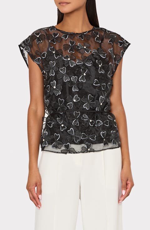 Ryan Clover Bow Rhinestone Organza Top (Petite)