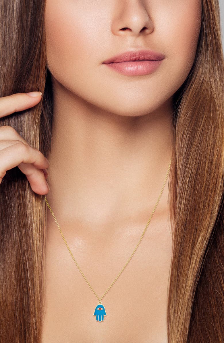 Ember Fine Jewelry 14K Yellow Gold Ruby Enamel Hamsa Pendant Necklace, Alternate, color, Gold