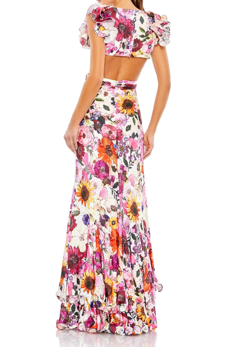 Mac Duggal Floral Print Ruffle Shoulder Cut Out Gown, Alternate, color, White Multi
