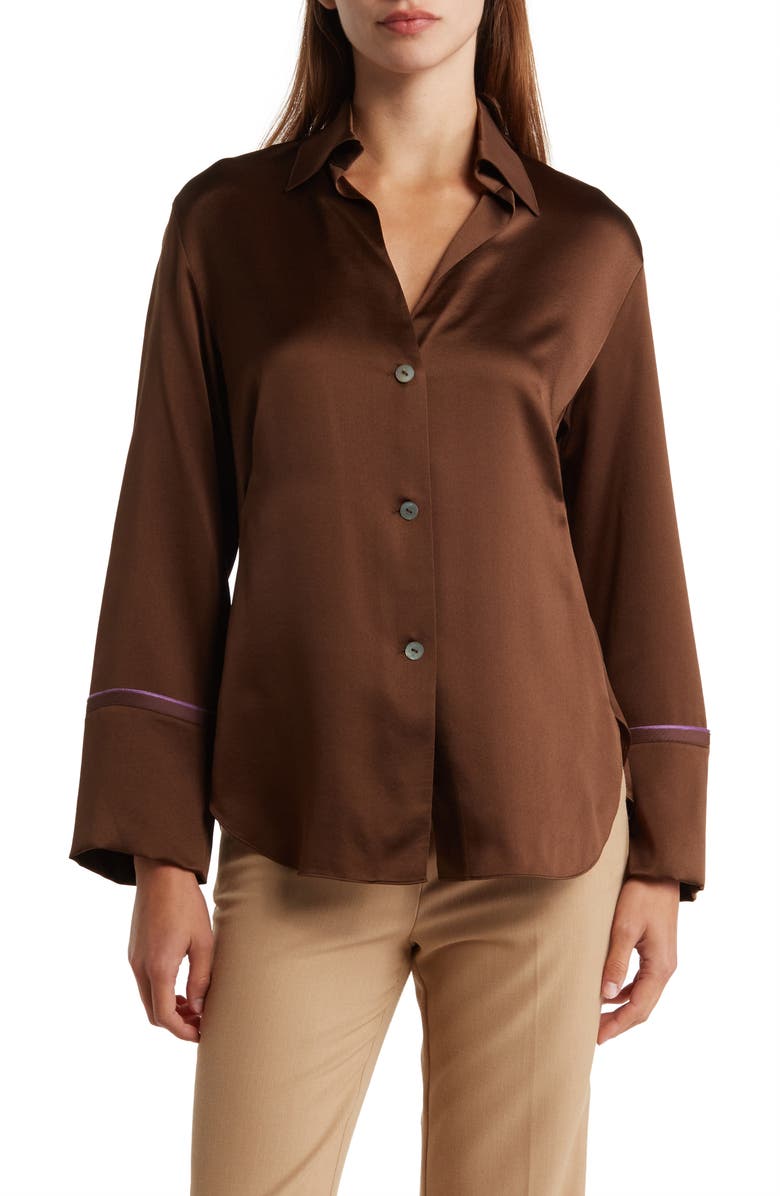 Vince Tipped Silk Button-Up Shirt, Main, color, Clove