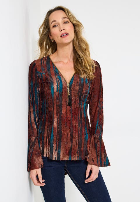 Zip Neck Bell Sleeve Top (plus)