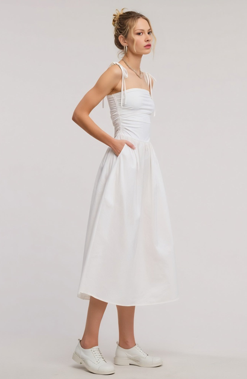 Modenaire Ruched Bodice Midi Dress With Tie Straps And Gathered Skirt In White