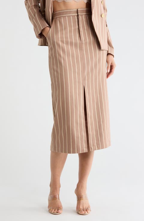 Madonna Stripe Front Slit Midi Skirt