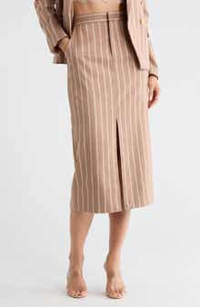 Madonna Stripe Front Slit Midi Skirt