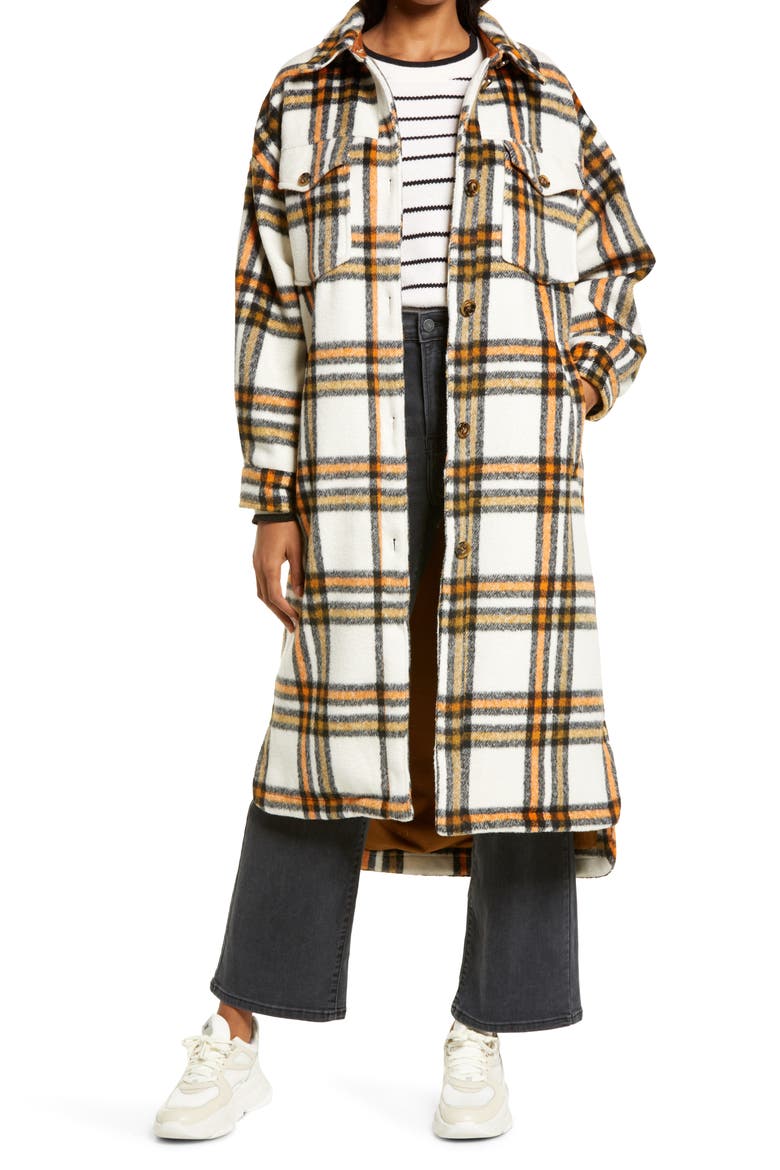 Plaid Long Shirt Jacket, Main, color, CREAM- ORANGE OLIVE PLAID