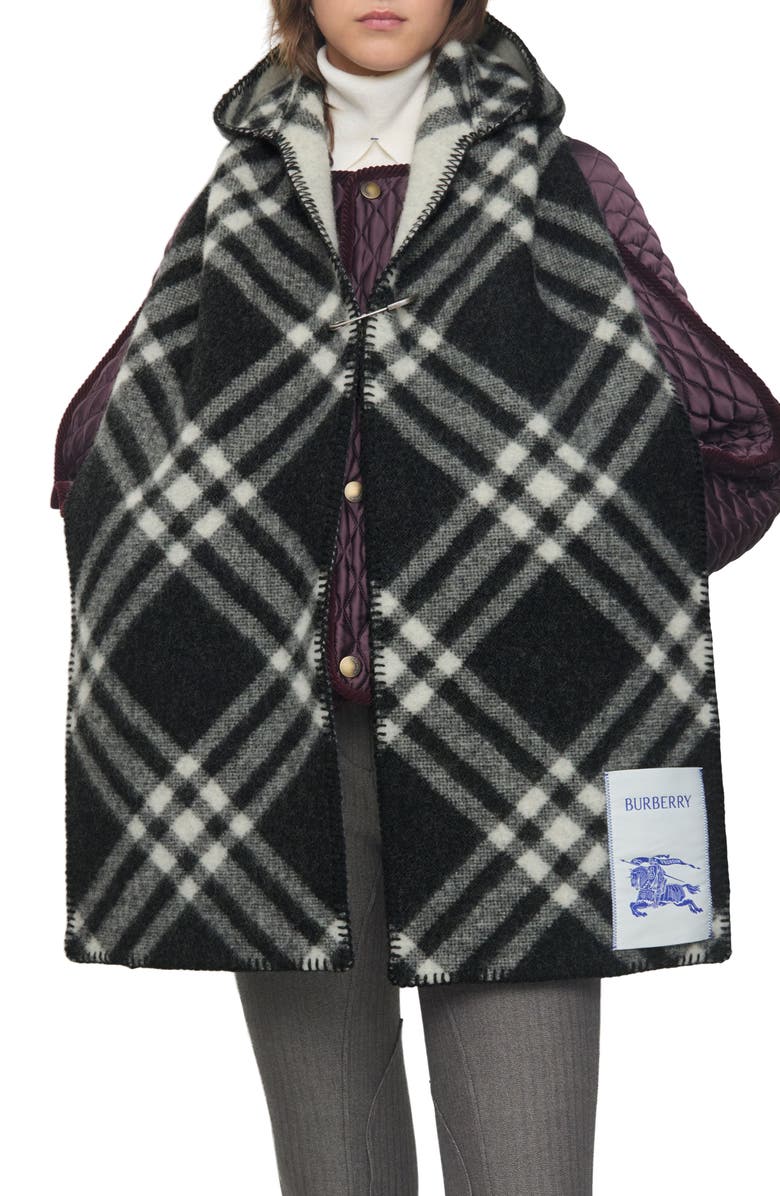 Burberry Hooded Check Wool Scarf, Alternate, color, Black