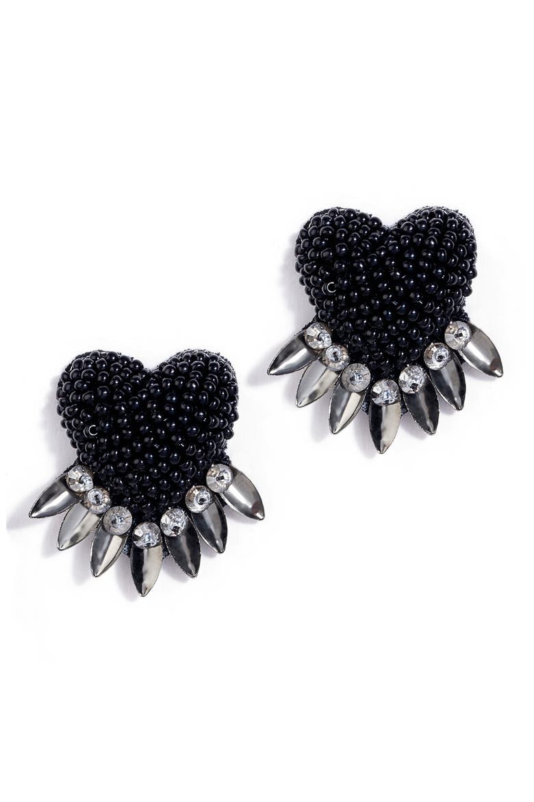Danika Beaded Fringe Heart Stud Earrings, Main, color, BLACK