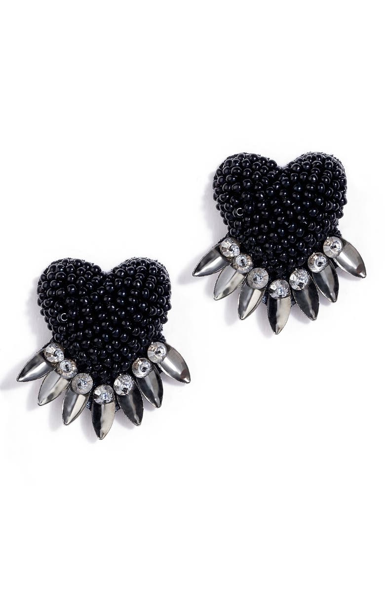Deepa Gurnani Danika Beaded Fringe Heart Stud Earrings, Main, color, Black