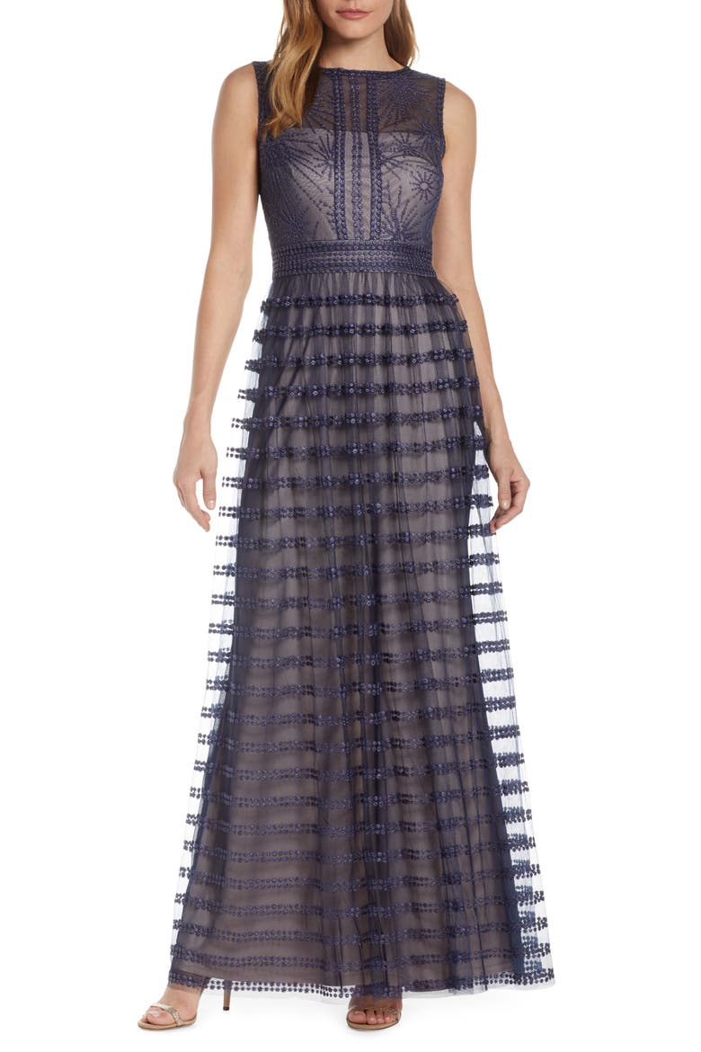 Embroidered Mesh Sleeveless Gown, Main, color, NAVY/ PETAL