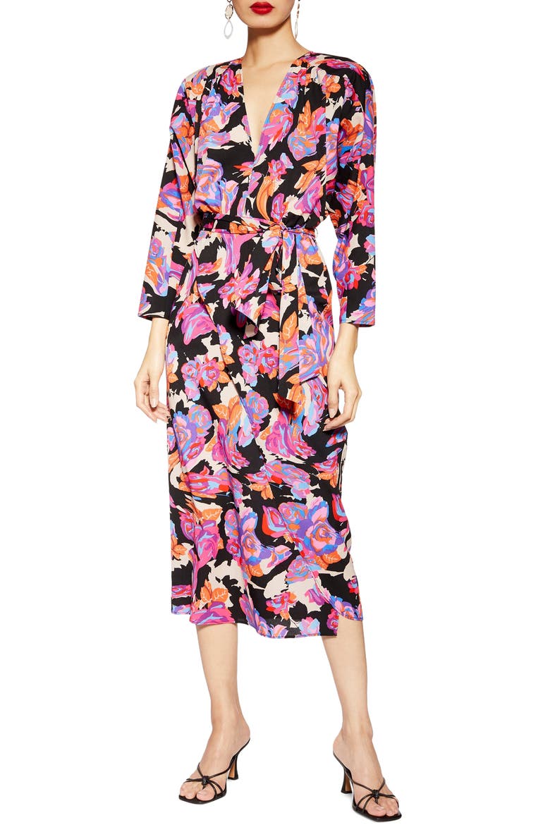 Belted V-Neck Long Sleeve Midi Dress, Main, color, PURPLE MULTI