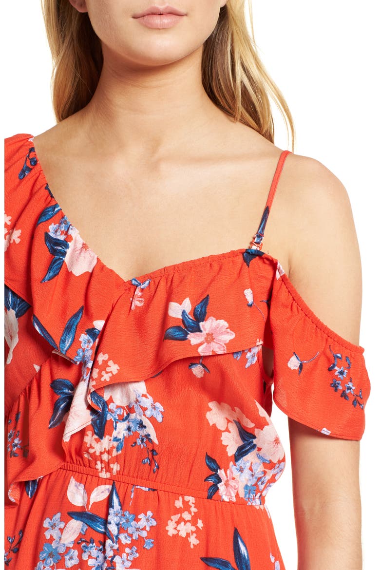 Cordetta Floral Asymmetrical Ruffle Dress, Alternate, color, POPPY RED