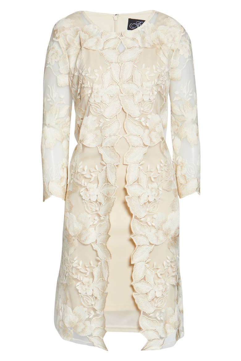 Embroidered Lace Mock Jacket Cocktail Dress, Alternate, color, CHAI/ IVORY