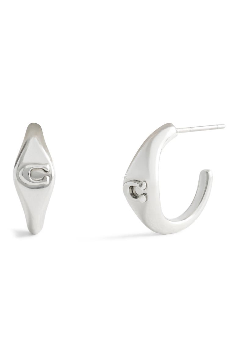 Signet C Huggie Hoop Earrings, Main, color, RHODIUM