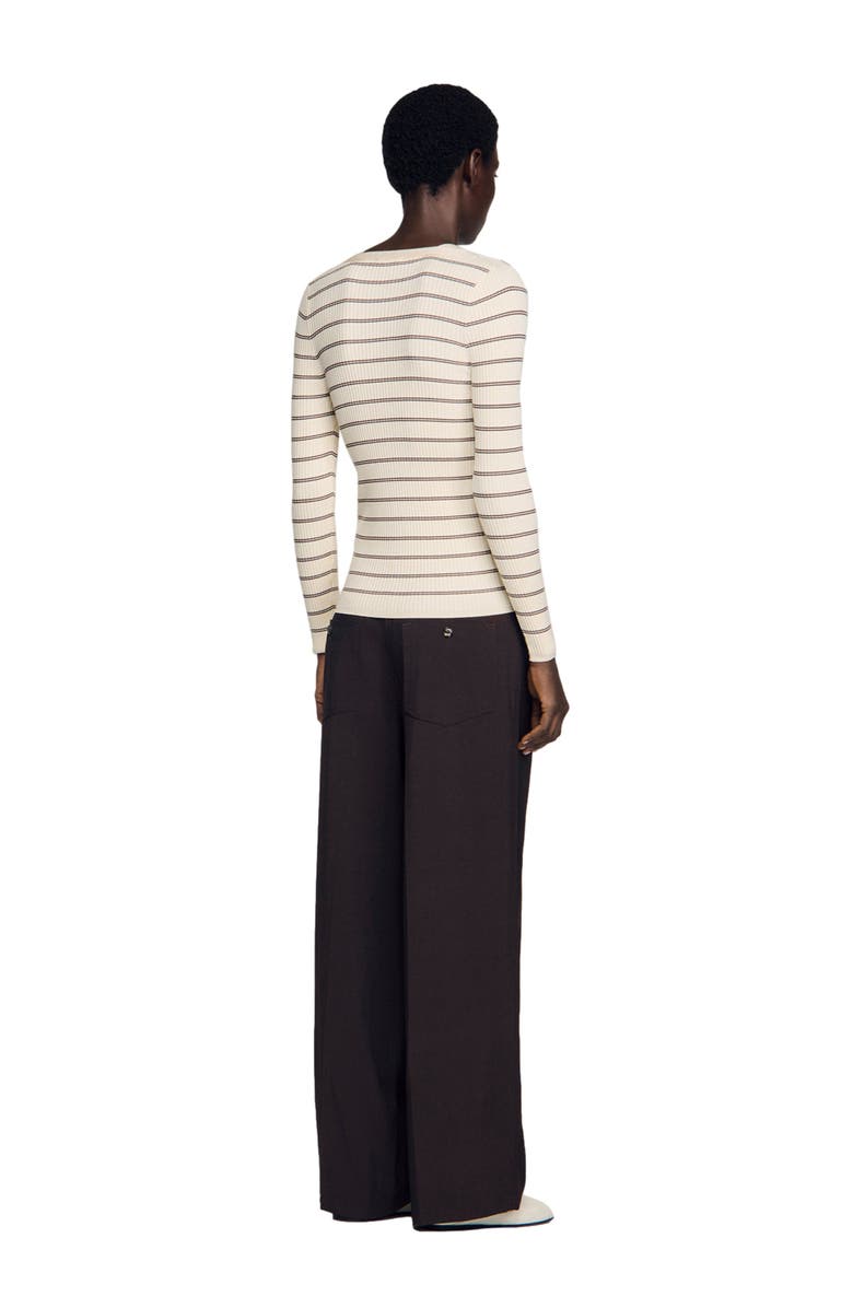 SANDRO Striped ribbed cardigan, Alternate, color, Ecru / Brown