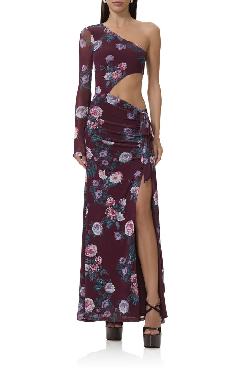 AFRM Shai Cutout One-Shoulder Maxi Dress, Main, color, Cabernet Bouquet