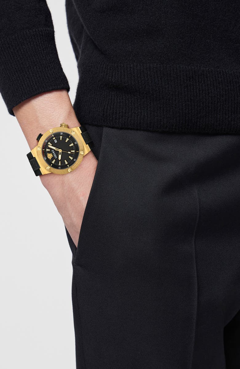 Versace Greca Diver Silicone Strap Watch, 43mm, Alternate, color, 