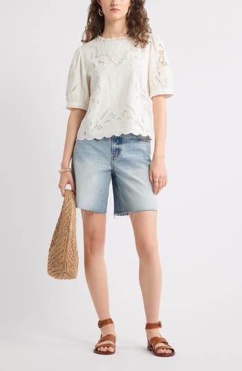 Embroidered Cutwork Puff Sleeve Linen Blend Top