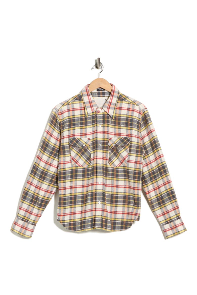 Slim Fit Plaid Flannel Western Shirt, Alternate, color, CREAM WHITE GREY ORANGE PLAID
