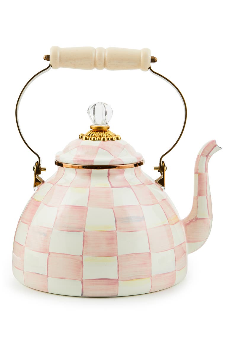Rosy Check Enameled Steel 3-Quart Tea Kettle, Main, color, PINK/ WHITE