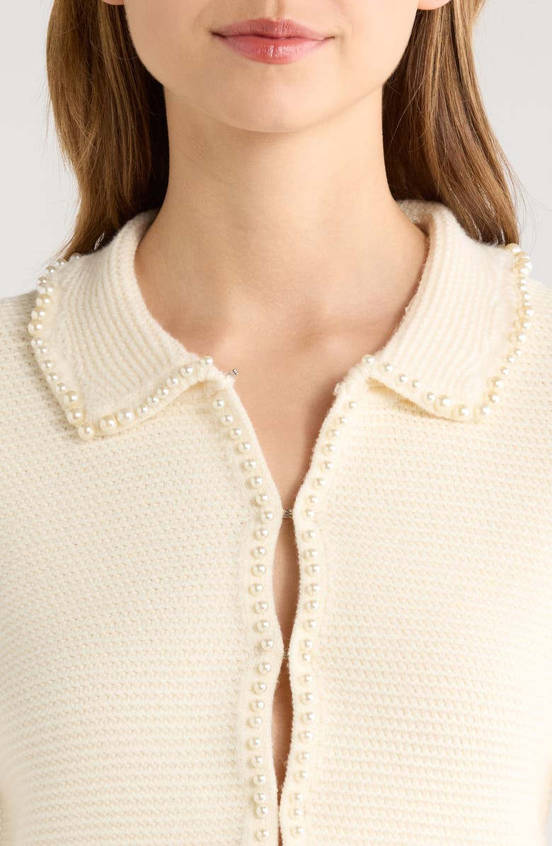 All in Favor Faux Pearl Trim Collared Cardigan, Alternate, color, Cream