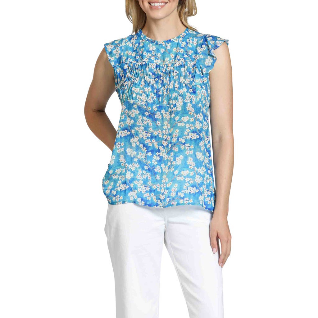 Apny Floral Print Flutter Sleeve Top In Blue Multi