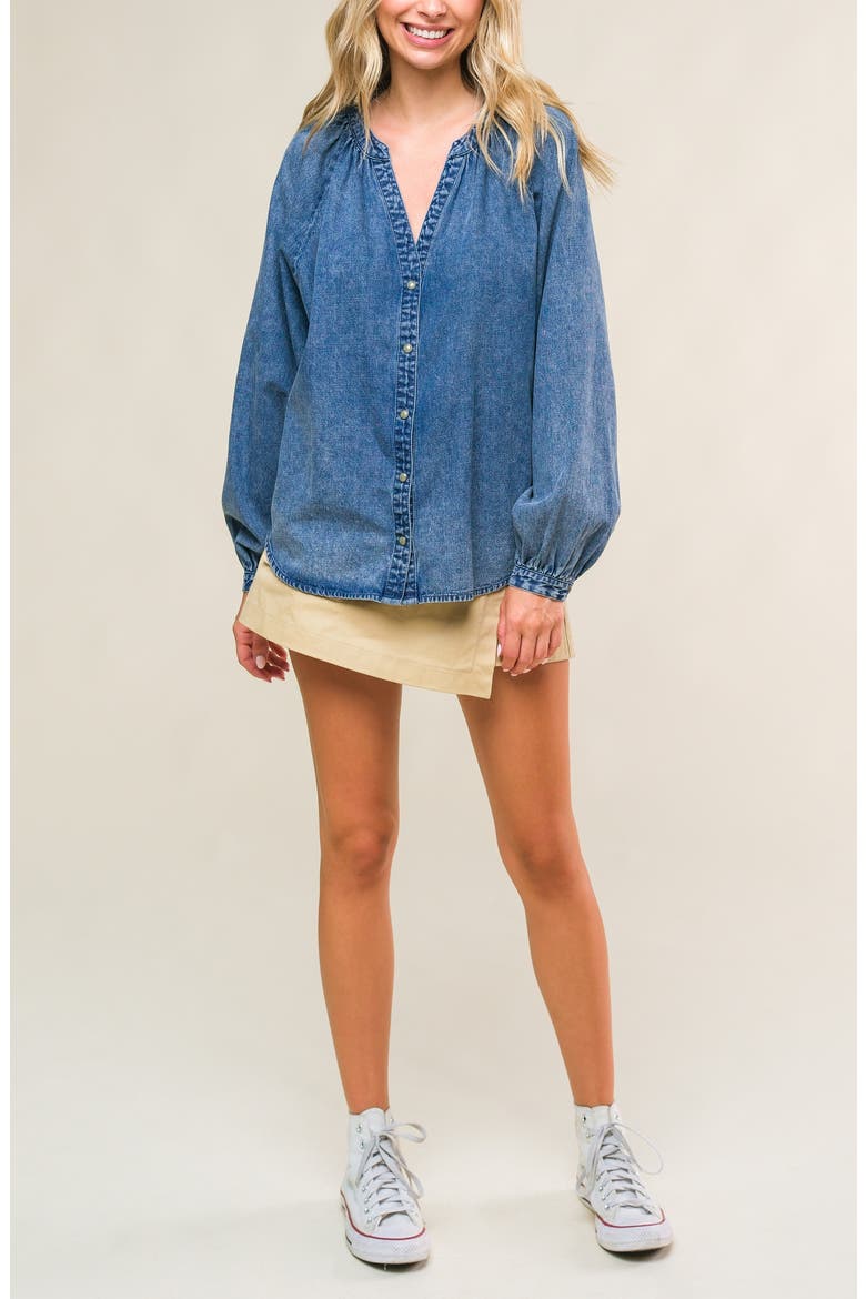 Washed Long Sleeve Denim Top, Alternate, color, MEDIUM INDIGO