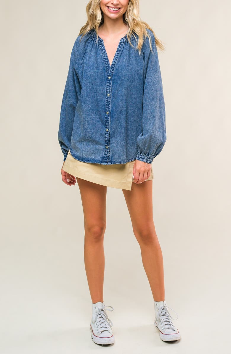 FLYING TOMATO Washed Long Sleeve Denim Top, Alternate, color, Medium Indigo