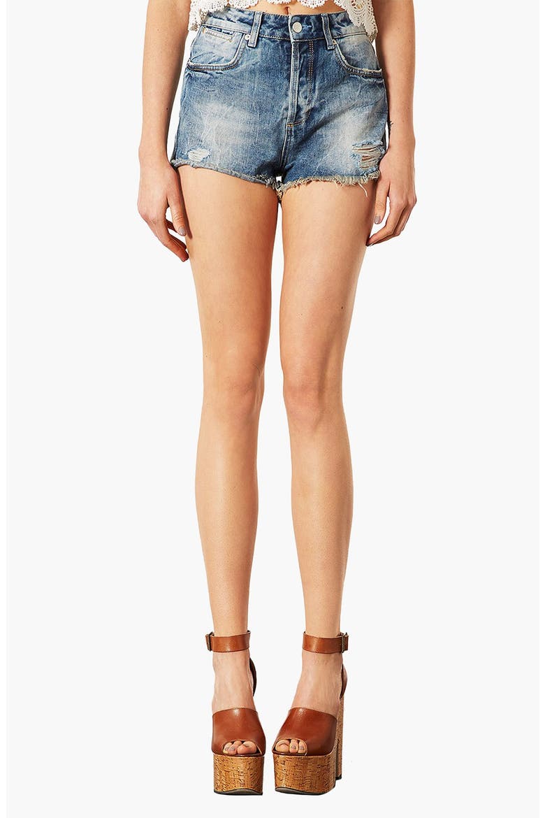 'Waterless Ruthie' Destroyed Cutoff Denim Shorts, Main, color, MID STONE