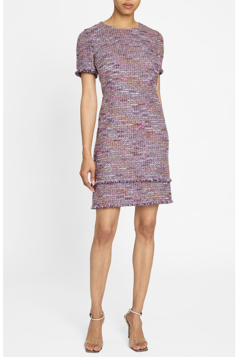 Melania Short Sleeve Shift Dress in Luxury Tweed, Alternate, color, DUSTY LILAC