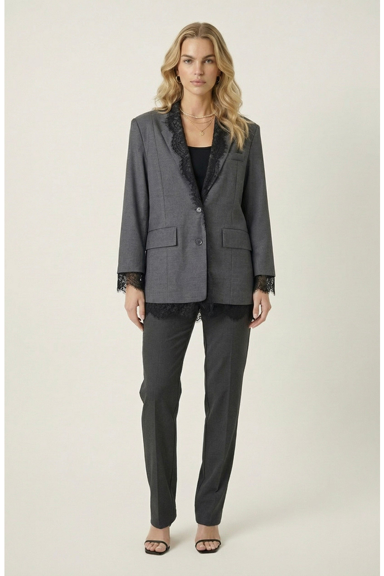 Tailored Lace Trim Lapel Blazer, Alternate, color, Charcoal Gray