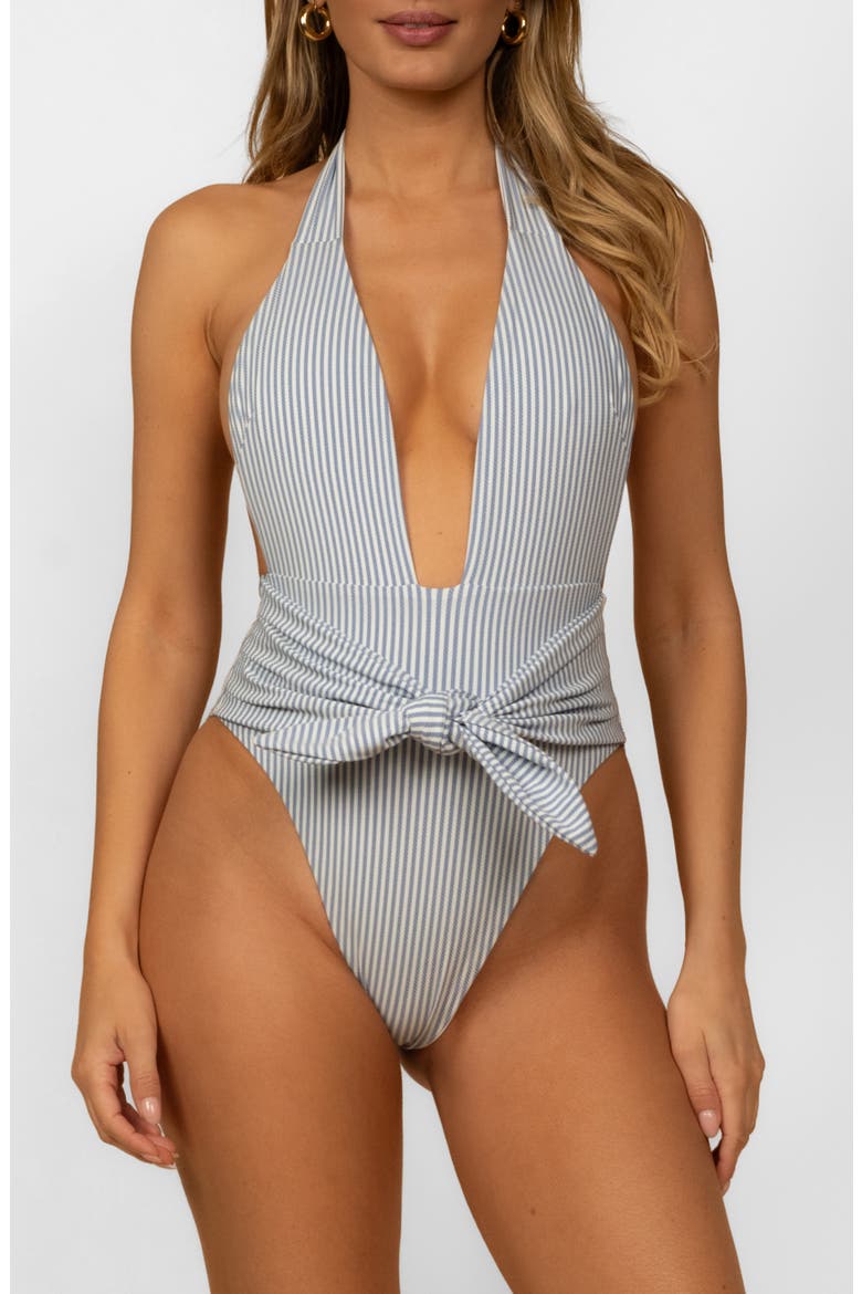 Tropez Tie Waist One-Piece Swimsuit, Main, color, CLASSIC BLUE STRIPE