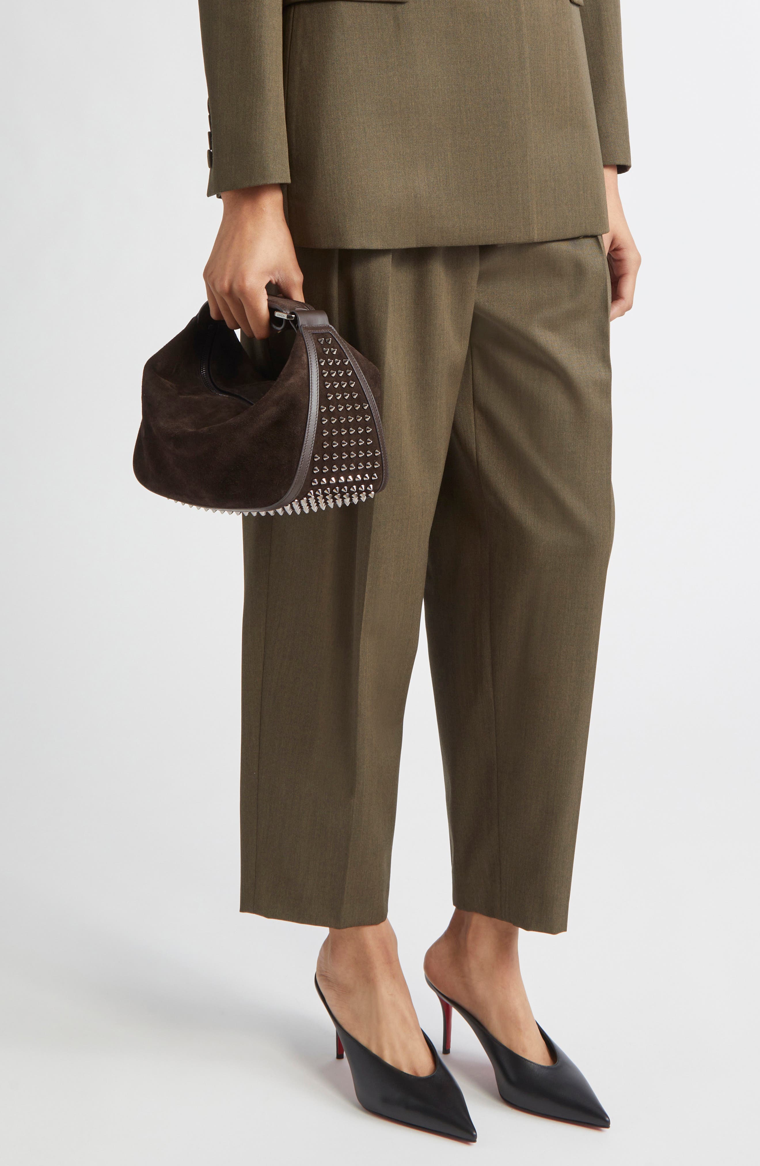 Christian Louboutin Funky Crosta Spikes Suede Dopp Kit, Alternate, color, Cafe/ Gun Metal