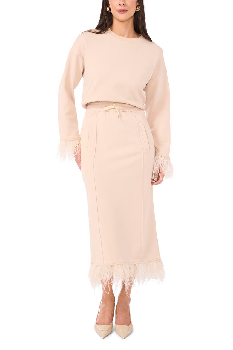 Feather Trim Drawstring Waist Midi Skirt, Alternate, color, ROSEWATER