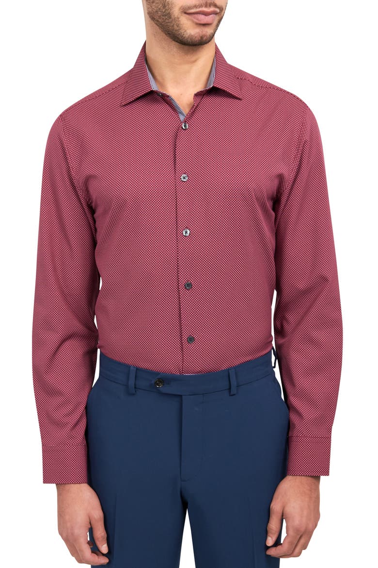 Trim Fit Performance Stretch Dot Dress Shirt, Main, color, BURGUNDY