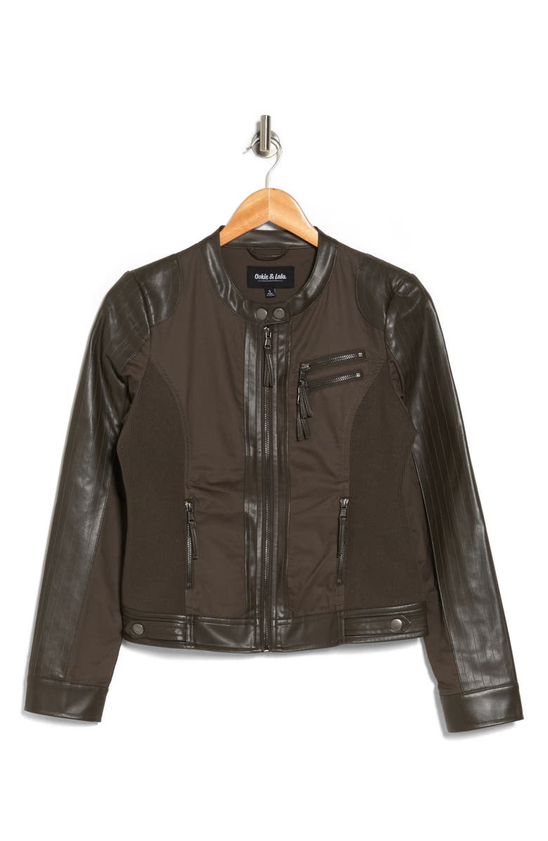 Ookie & Lala Mixed Media Moto Jacket, Alternate, color, Olive