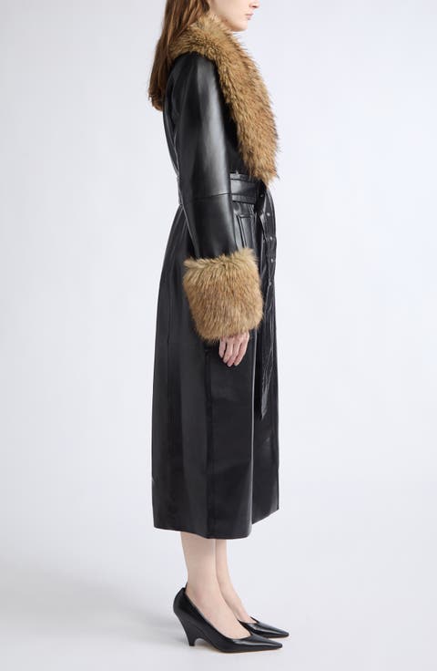 Estella Belted Faux Leather Coat with Faux Fur Trim