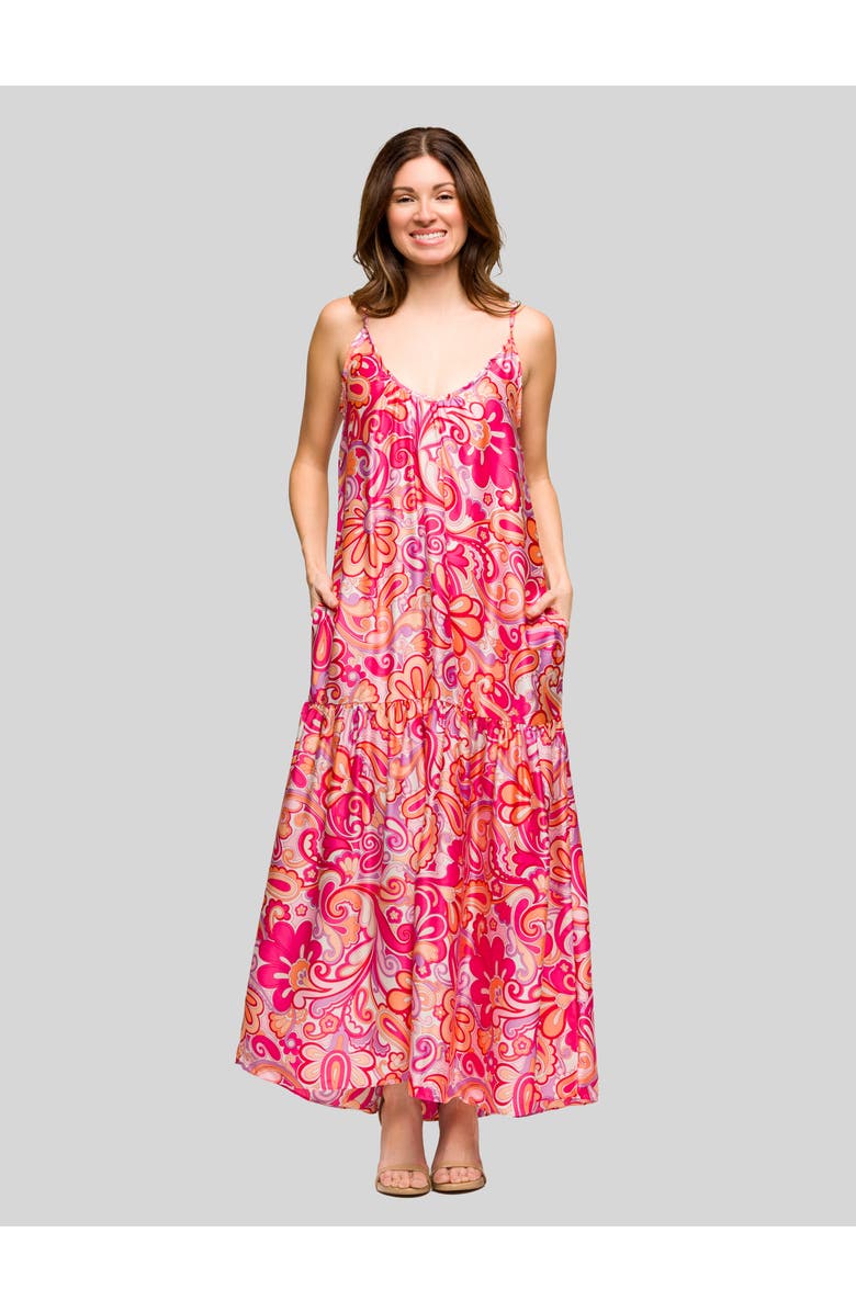 24seven Comfort Apparel Pink Print Lightweight Spaghetti Strap Pocket Maxi Dress, Main, color, Pink Multi