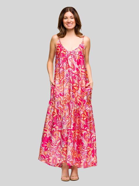 Pink Print Lightweight Spaghetti Strap Pocket Maxi Dress