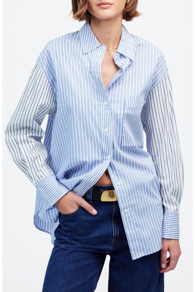 Mixed Stripe Oversize Cotton Poplin Button-Up Shirt, Main, color, LIGHT BLUE AND WHITE STRIPE