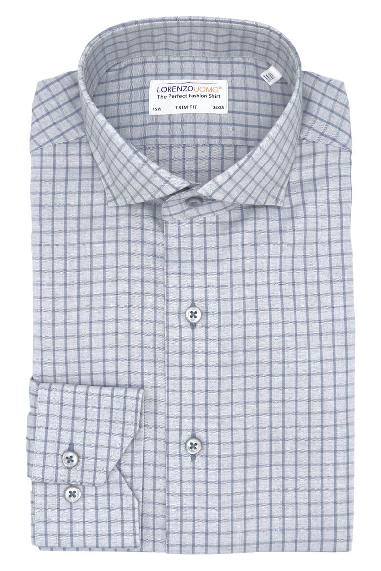 Trim Fit Heathered Windowpane Button-Up Dress Shirt, Main, color, PEWTER