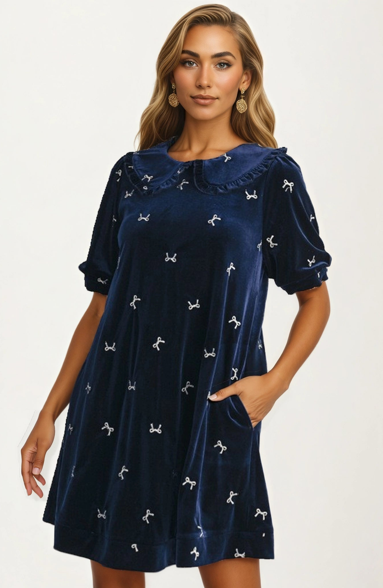 Knit and Lounge Embroidered Velvet Peter Pan Collar Mini Dress, Main, color, 