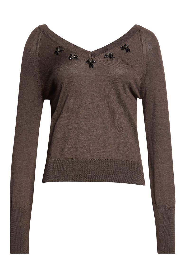Embellished V-Neck Sweater, Main, color, MOSS/ JET