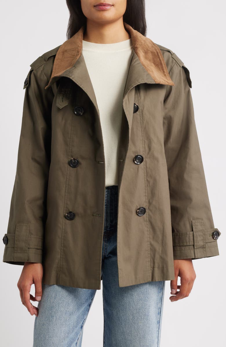 Sam Edelman Courduroy Stand Collar Cotton Trench Coat, Alternate, color, Loden