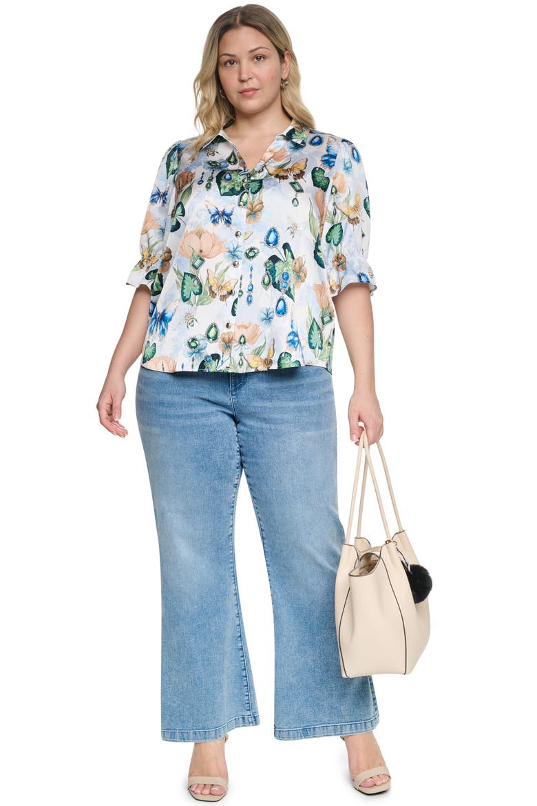 Printed Three-Quarter Sleeve Button Front Shirt, Alternate, color, SOFT WHITE MULTI