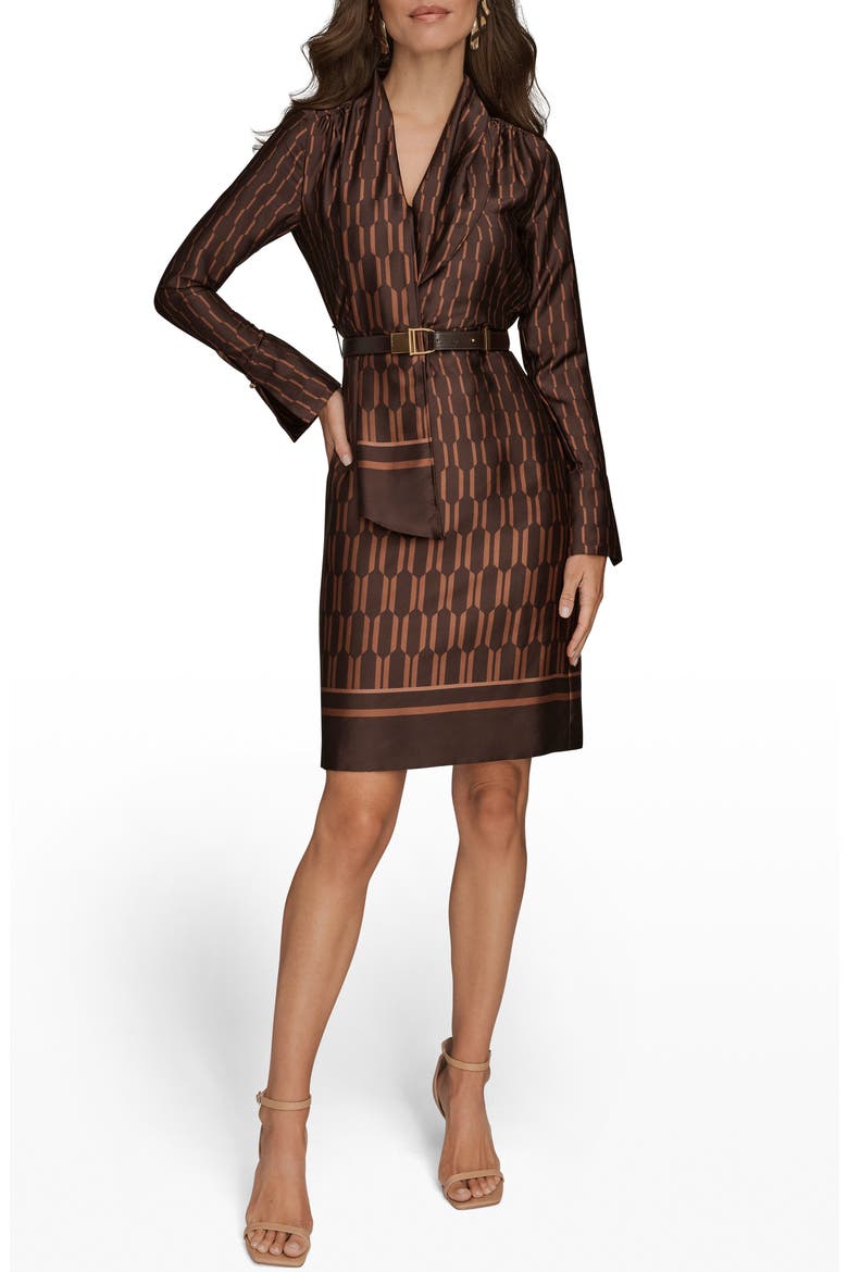 Geo Print Long Sleeve Satin Dress, Main, color, CHOCLATE PLUM