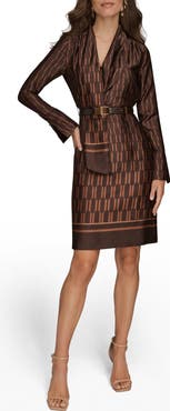 Donna Karan New York Geo Print Long Sleeve Satin Dress