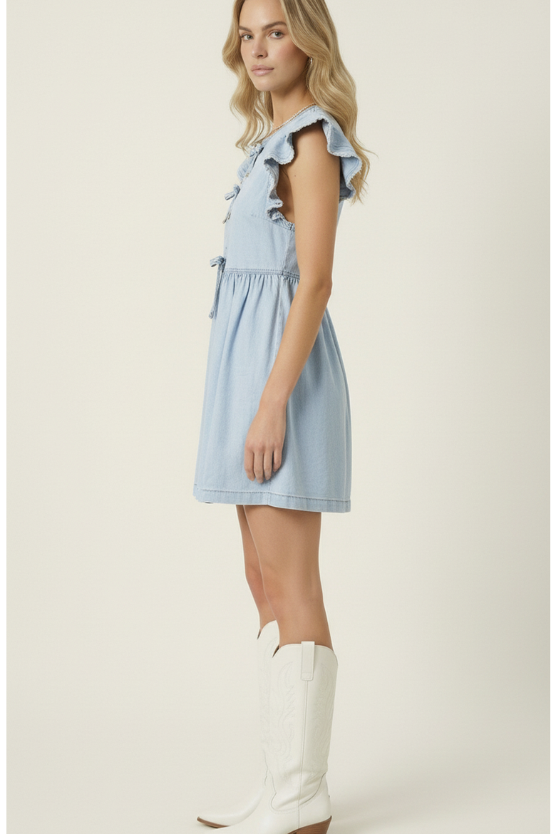 Sleeveless Ruffle Denim Mini Dress, Alternate, color, Light Wash Blue
