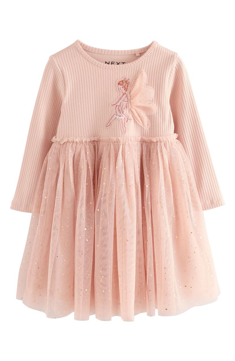 NEXT Kids' Mixed Media Fairy Appliqué Long Sleeve Tulle Party Dress, Main, color, Pink