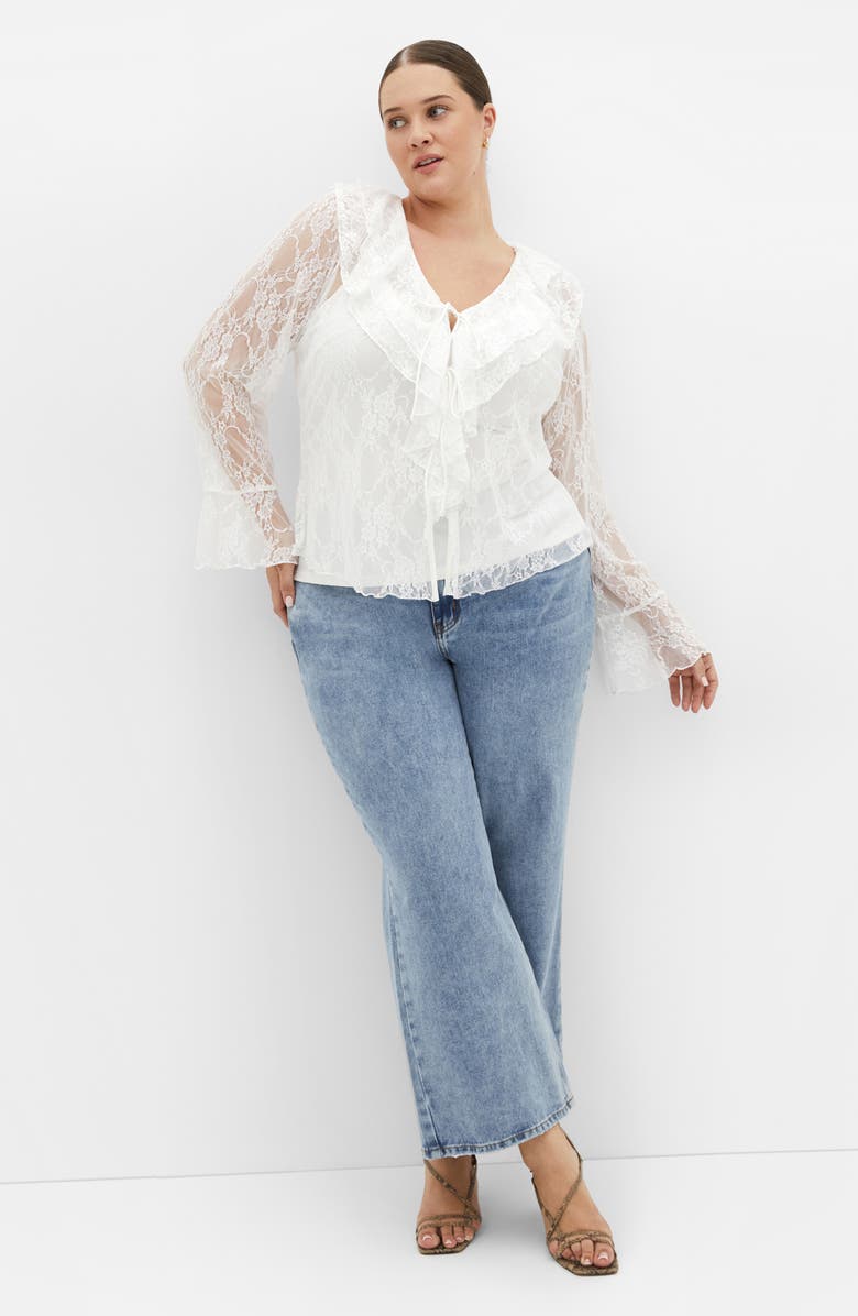 City Chic Lacie Ruffle Long Sleeve Lace Top, Alternate, color, Ivory Lace